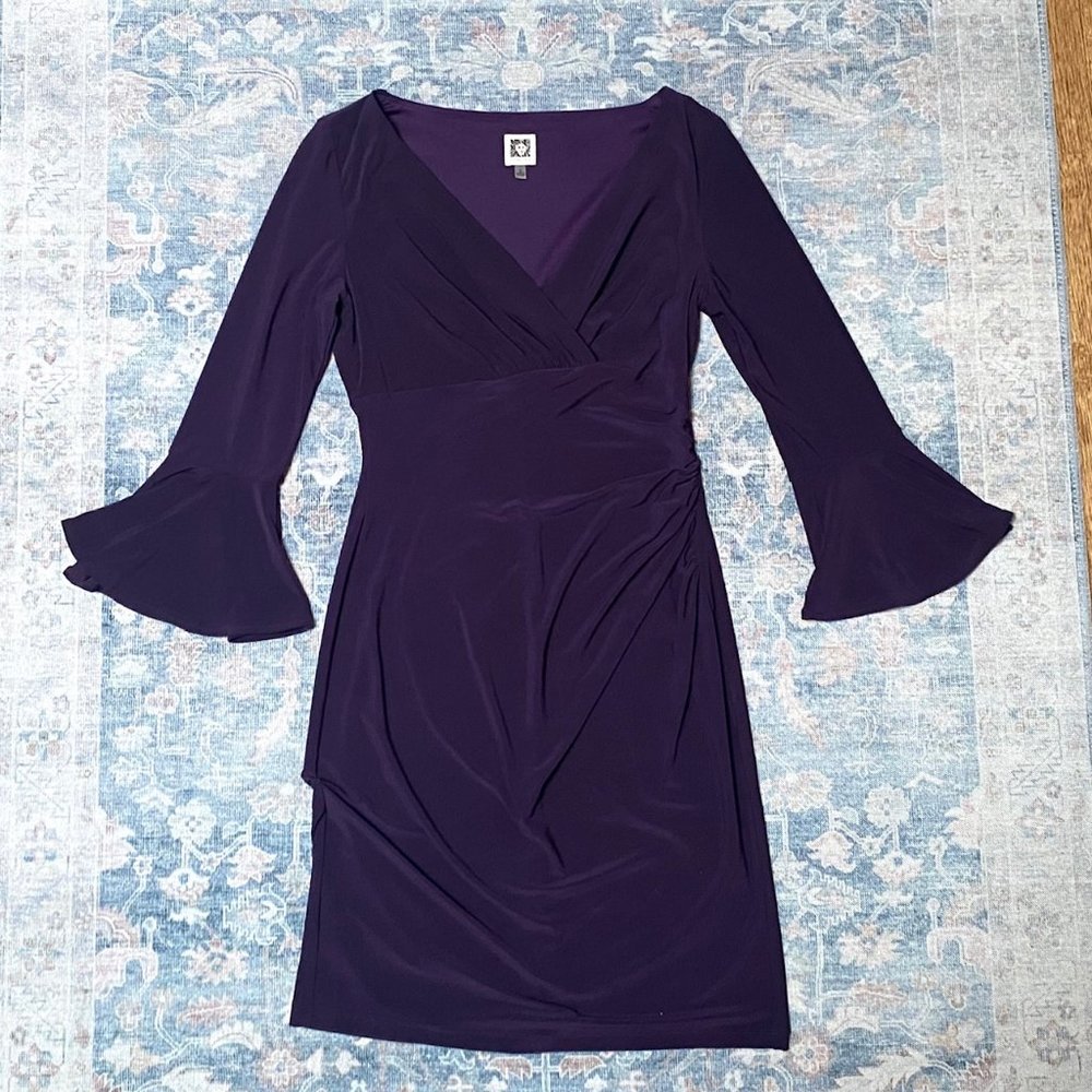 Anne Klein Purple V Neck Knee Length Ruched Dress, Size 6